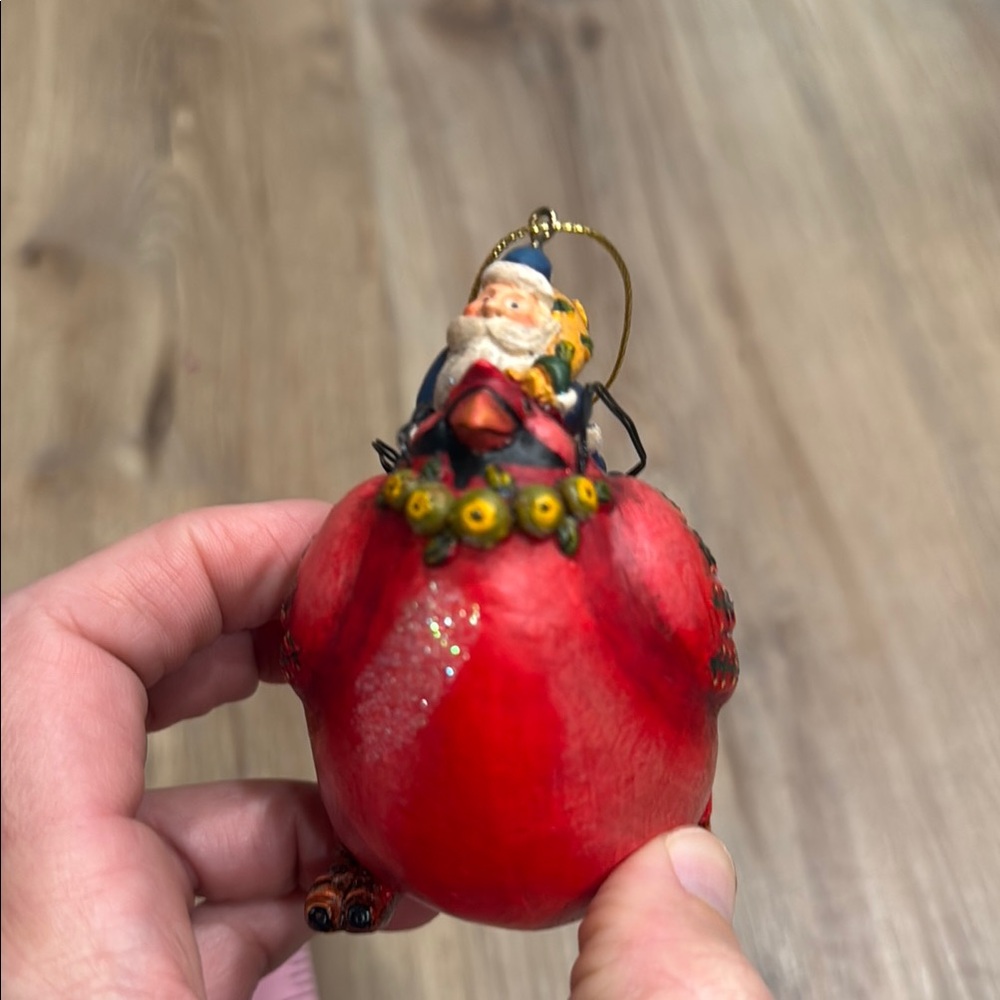 Whimsical Christmas Tree Ornament 4 inch Blue Santa Riding on Red Bird - Picture 6 of 7